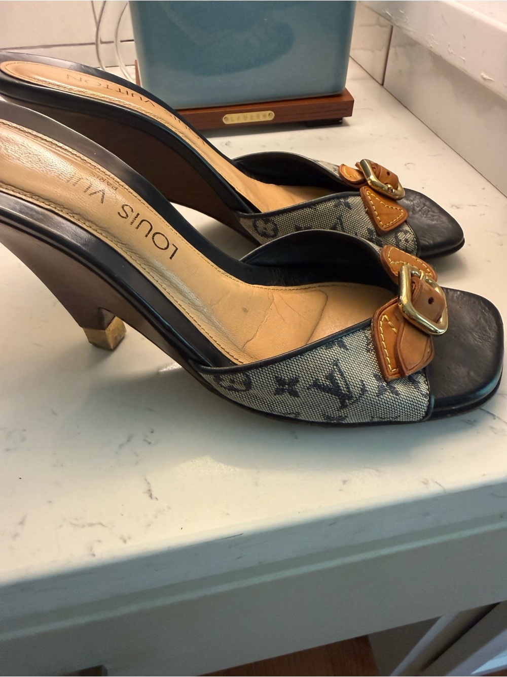 Louis Vuitton Monogram Canvas Open-Toe Mules in Brown with Gold Buckles